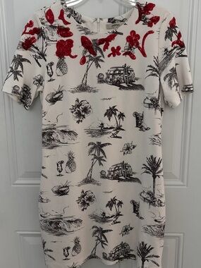 JASPAL Women’s Cream Tropical Print Dress with Red Sequins